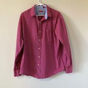 Izod Men’s Size Large Button Down Long Sleeve Casual Red Plaid Shirt Cotton